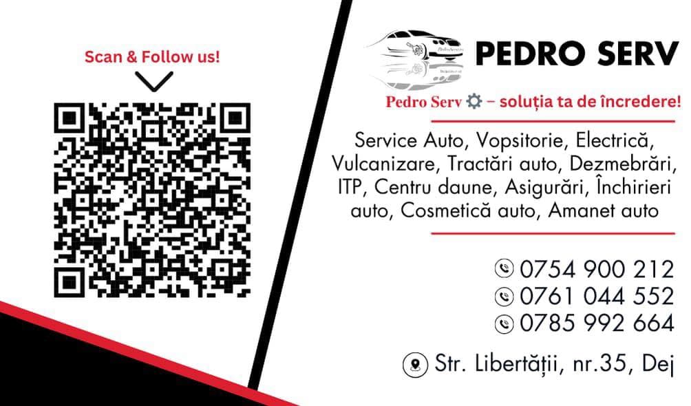 Cartea de vizită Pedro Serv, cu lista de servicii, numerele de telefon și adresa din Dej
